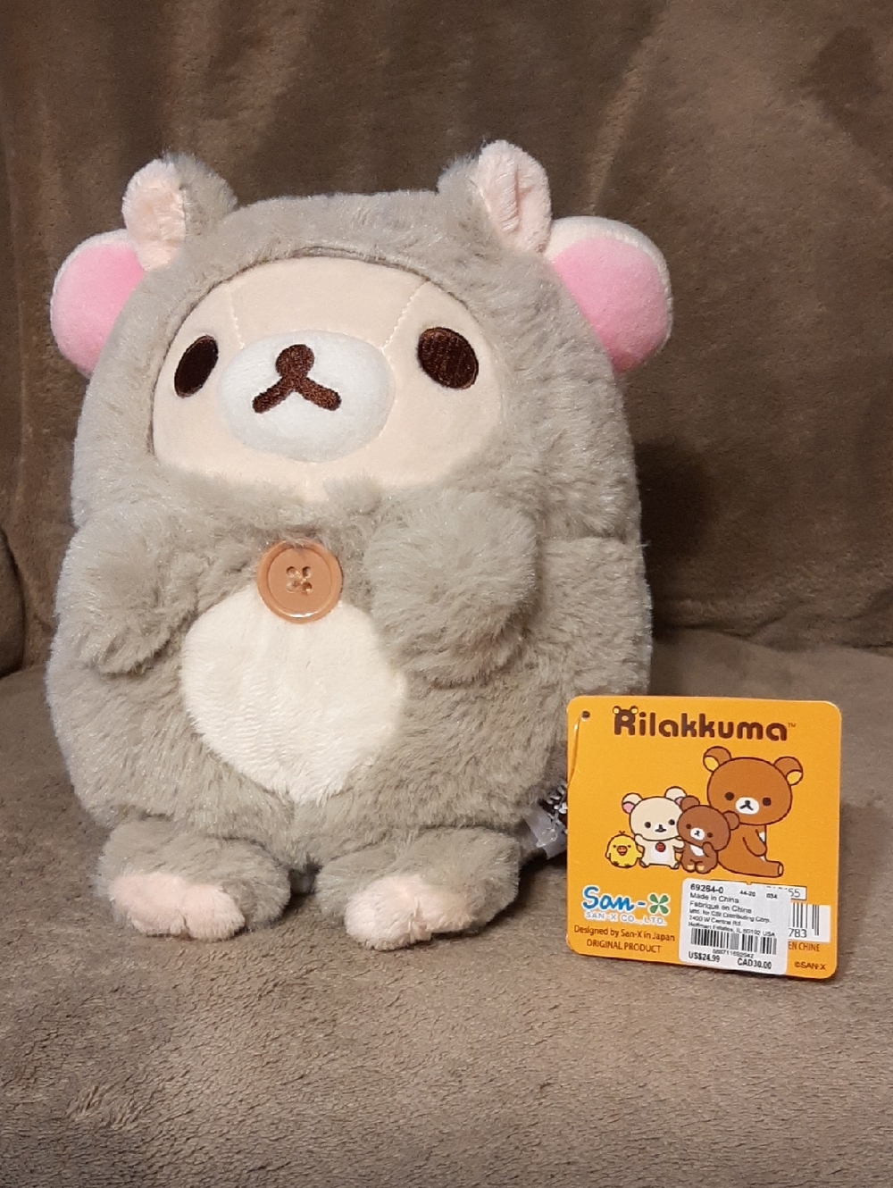 Rilakkuma Plush Soft Gray Bear with Pink Ears